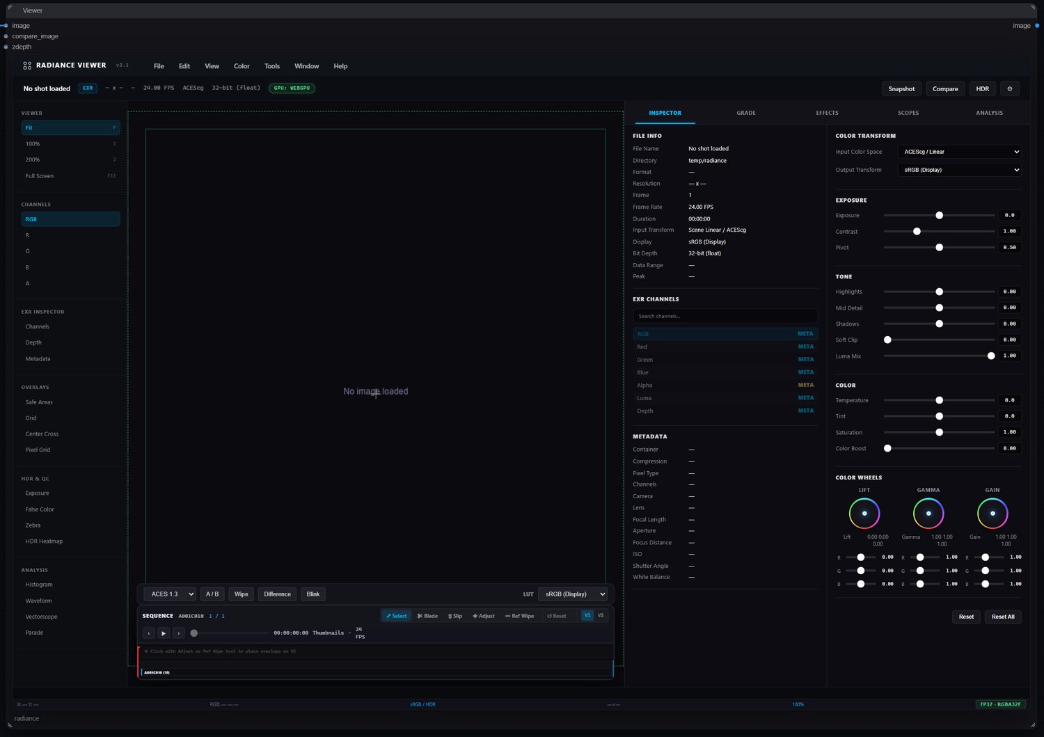 The Radiance Viewer: EXR channel inspector, colour transform, exposure and tone controls, lift/gamma/gain wheels, scopes and a sequence timeline