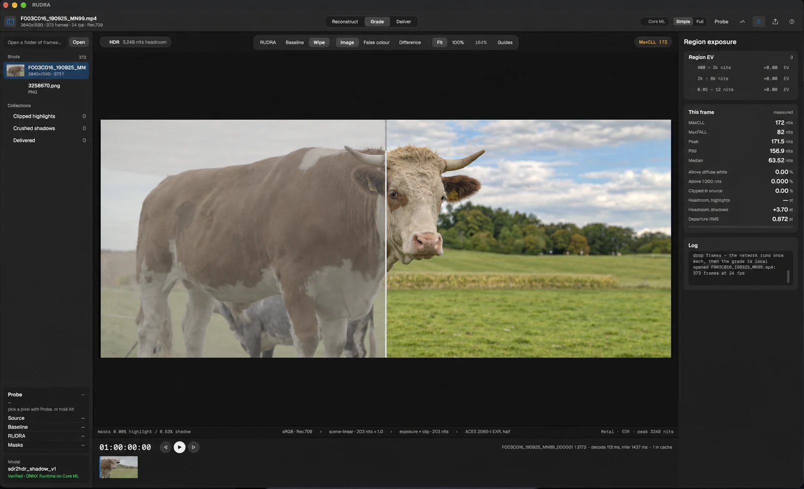 RUDRA on macOS with an illustrative split-view HDR edit of a cow in a field