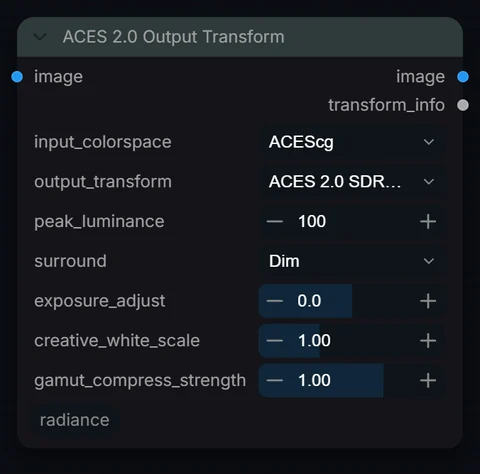 ACES 2.0 Output Transform node in Radiance 3.5.0, default interface