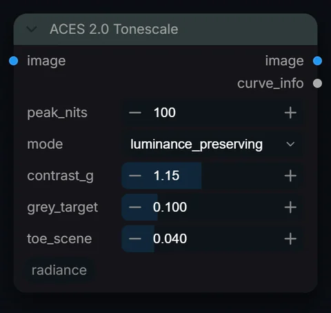 ACES 2.0 Tonescale node in Radiance 3.5.0, default interface