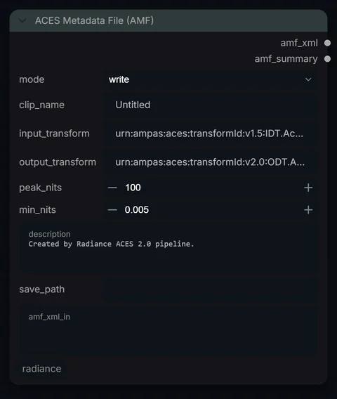 ACES Metadata File (AMF) node in Radiance 3.5.0, default interface