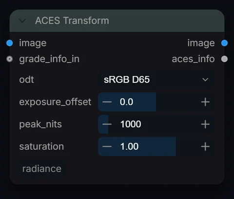 ACES Transform node in Radiance 3.5.0, default interface
