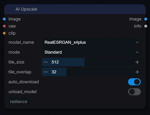 AI Upscale node in Radiance 3.5.0, default interface