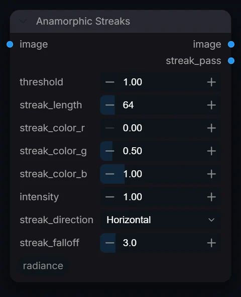 Anamorphic Streaks node in Radiance 3.5.0, default interface