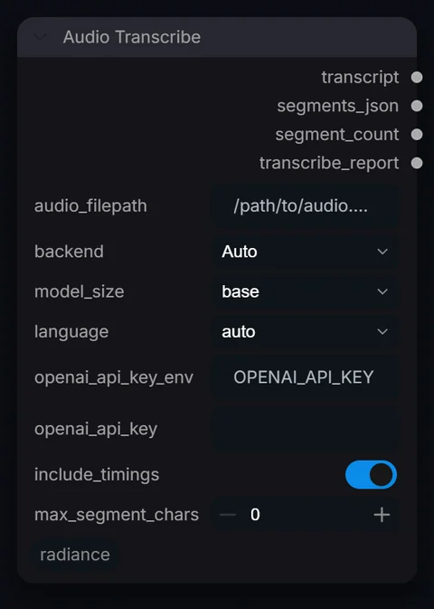 Audio Transcribe node in Radiance 3.5.0, default interface