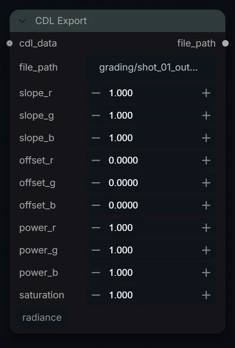 CDL Export node in Radiance 3.5.0, default interface