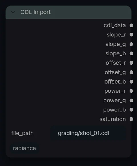 CDL Import node in Radiance 3.5.0, default interface