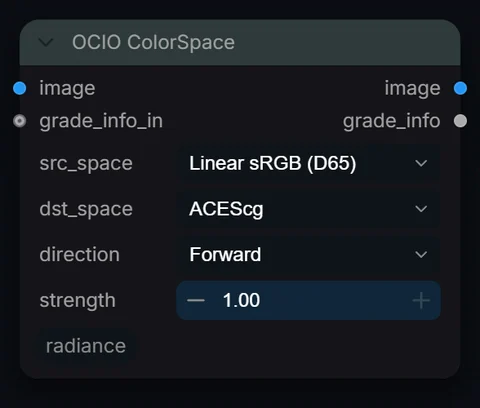 OCIO ColorSpace node in Radiance 3.5.0, default interface