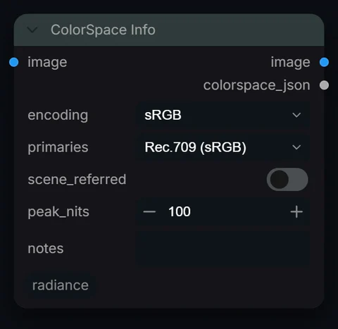 ColorSpace Info node in Radiance 3.5.0, default interface
