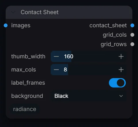 Contact Sheet node in Radiance 3.5.0, default interface