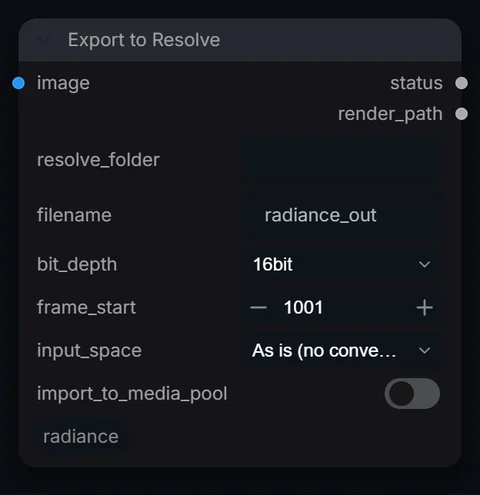 Export to Resolve node in Radiance 3.5.0, default interface