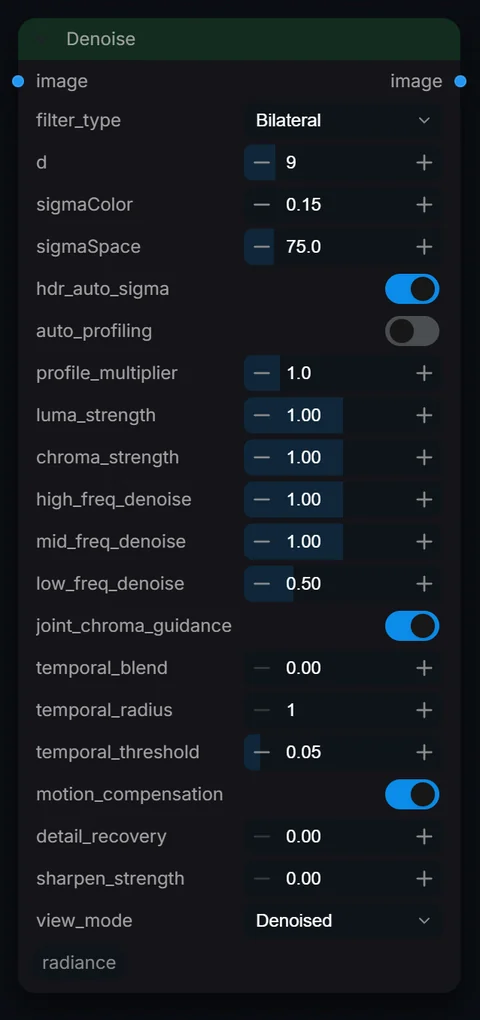 Denoise node in Radiance 3.5.0, default interface