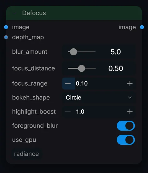 Defocus node in Radiance 3.5.0, default interface