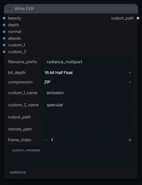 Write EXR node in Radiance 3.5.0, default interface