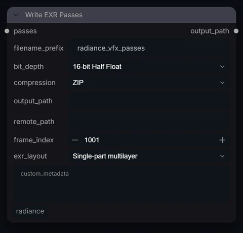 Write EXR Passes node in Radiance 3.5.0, default interface