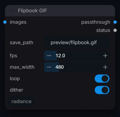 Flipbook GIF node in Radiance 3.5.0, default interface