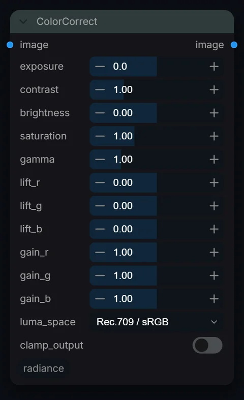ColorCorrect node in Radiance 3.5.0, default interface