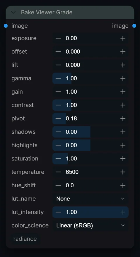 Bake Viewer Grade node in Radiance 3.5.0, default interface