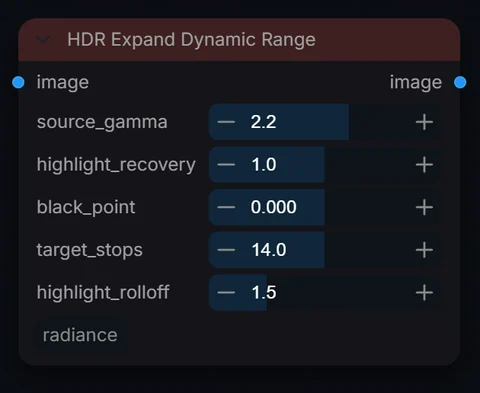 HDR Expand Dynamic Range node in Radiance 3.5.0, default interface