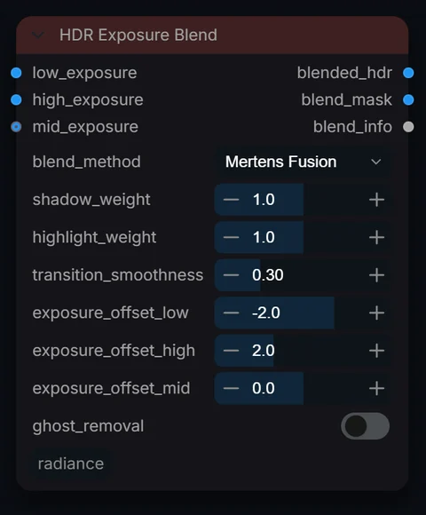 HDR Exposure Blend node in Radiance 3.5.0, default interface