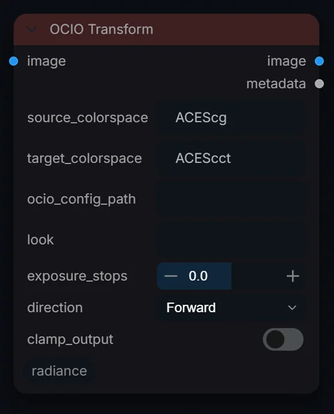 OCIO Transform node in Radiance 3.5.0, default interface