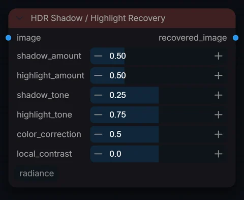 HDR Shadow / Highlight Recovery node in Radiance 3.5.0, default interface