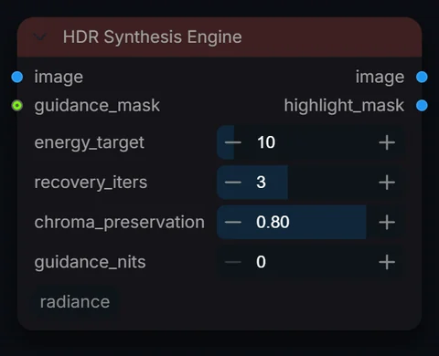 HDR Synthesis Engine node in Radiance 3.5.0, default interface