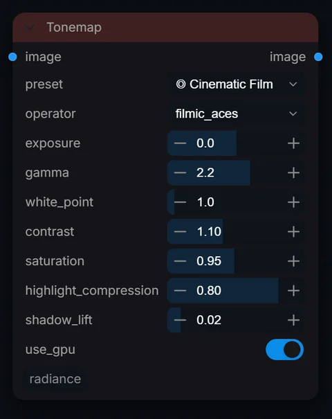 Tonemap node in Radiance 3.5.0, default interface