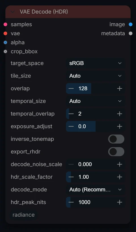 VAE Decode (HDR) node in Radiance 3.5.0, default interface