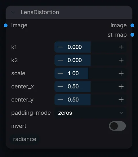 LensDistortion node in Radiance 3.5.0, default interface