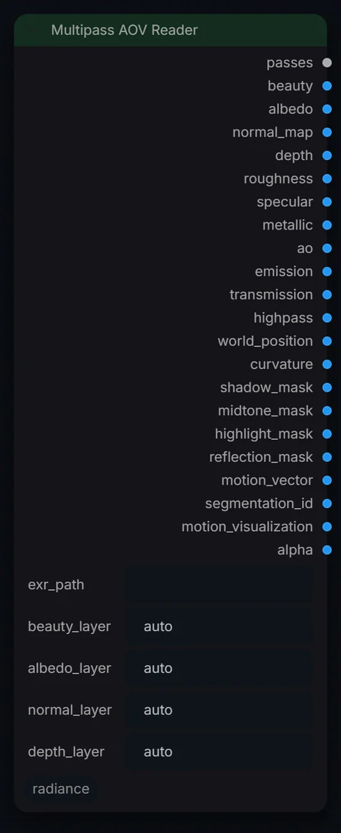 Multipass AOV Reader node in Radiance 3.5.0, default interface