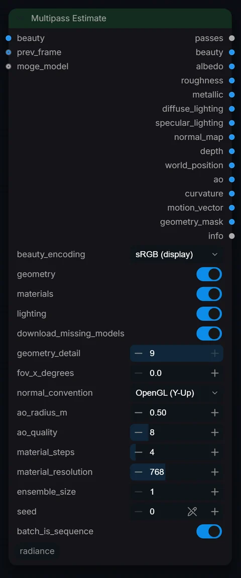 Multipass Estimate node in Radiance 3.5.0, default interface