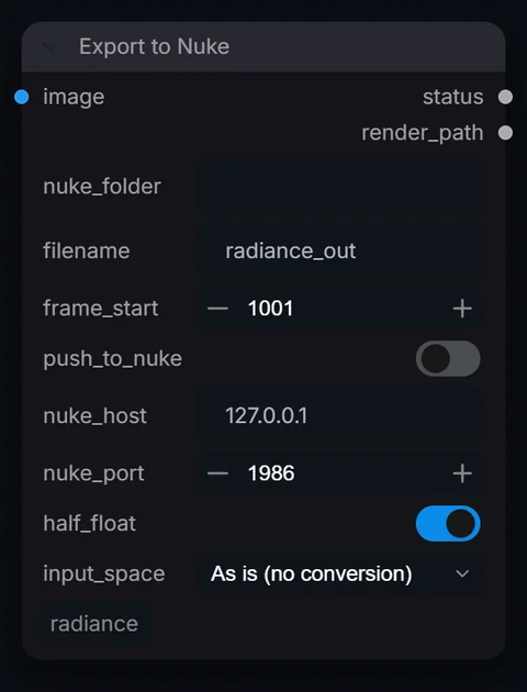 Export to Nuke node in Radiance 3.5.0, default interface