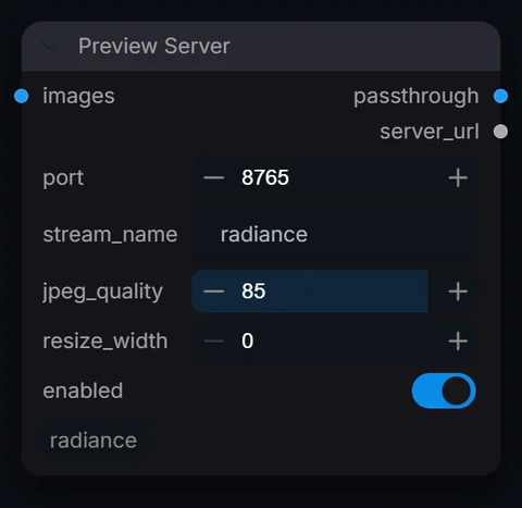 Preview Server node in Radiance 3.5.0, default interface