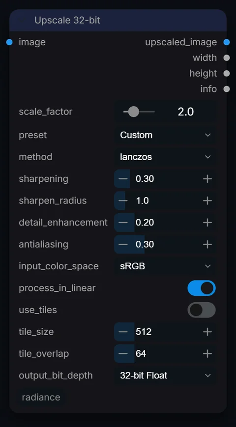 Upscale 32-bit node in Radiance 3.5.0, default interface