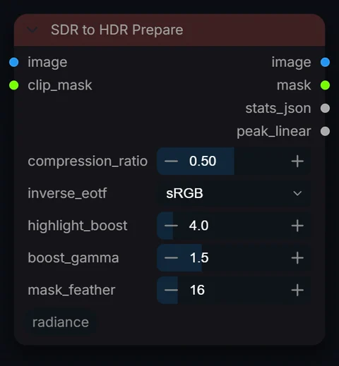 SDR to HDR Prepare node in Radiance 3.5.0, default interface