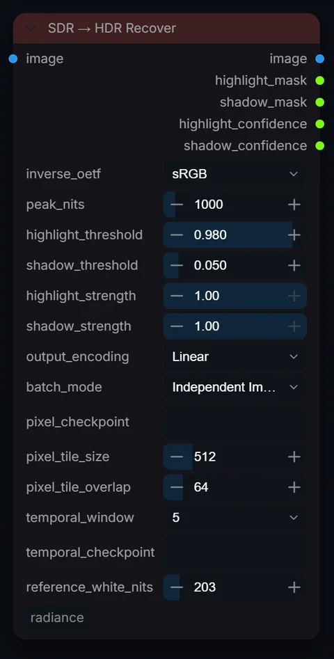 SDR → HDR Recover node in Radiance 3.5.0, default interface