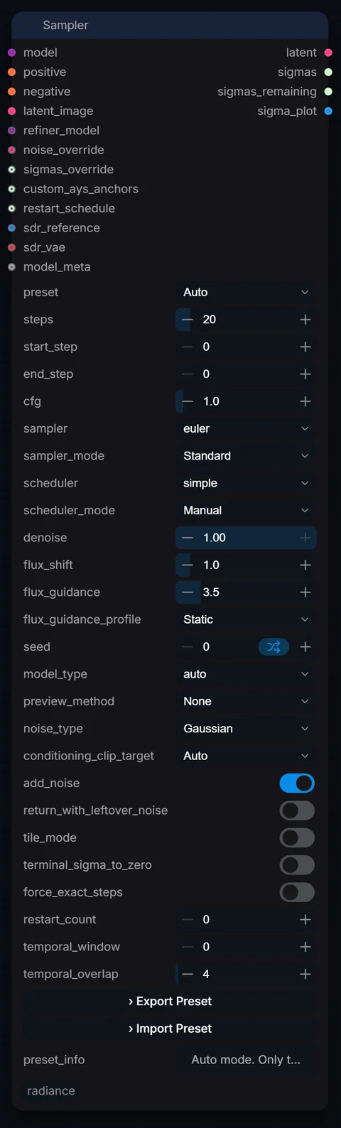 Sampler node in Radiance 3.5.0, default interface