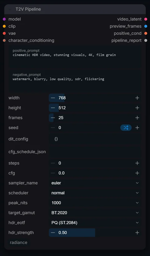T2V Pipeline node in Radiance 3.5.0, default interface