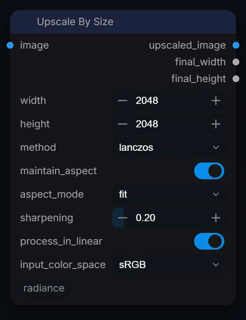 Upscale By Size node in Radiance 3.5.0, default interface