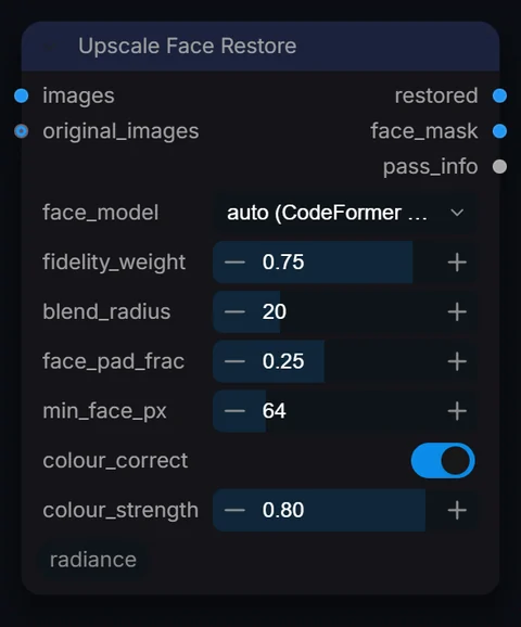Upscale Face Restore node in Radiance 3.5.0, default interface