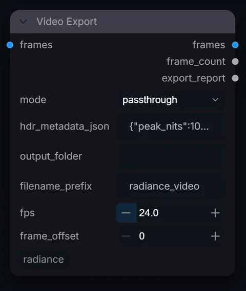 Video Export node in Radiance 3.5.0, default interface
