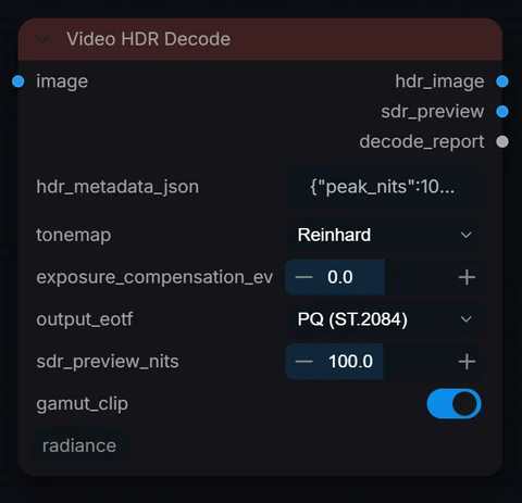 Video HDR Decode node in Radiance 3.5.0, default interface