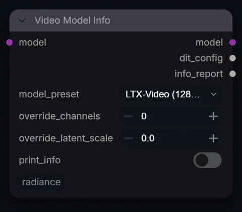 Video Model Info node in Radiance 3.5.0, default interface