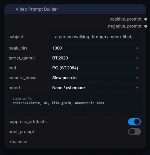 Video Prompt Builder node in Radiance 3.5.0, default interface