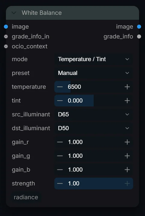 White Balance node in Radiance 3.5.0, default interface