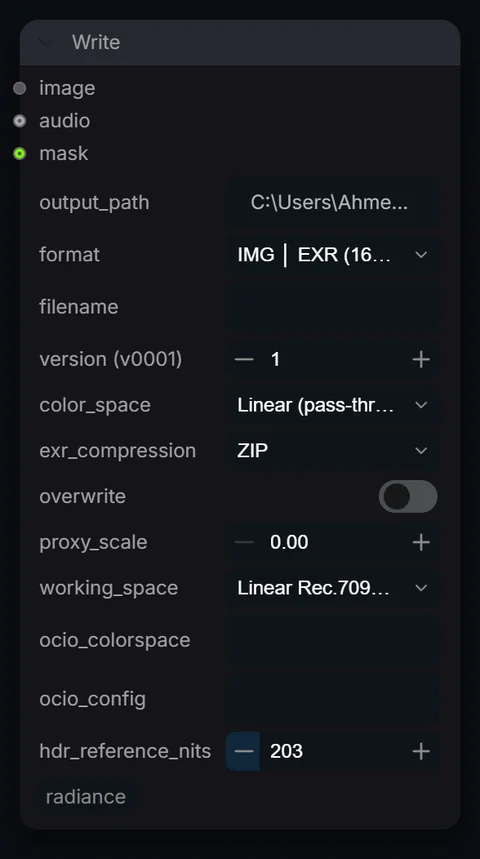 Write node in Radiance 3.5.0, default interface
