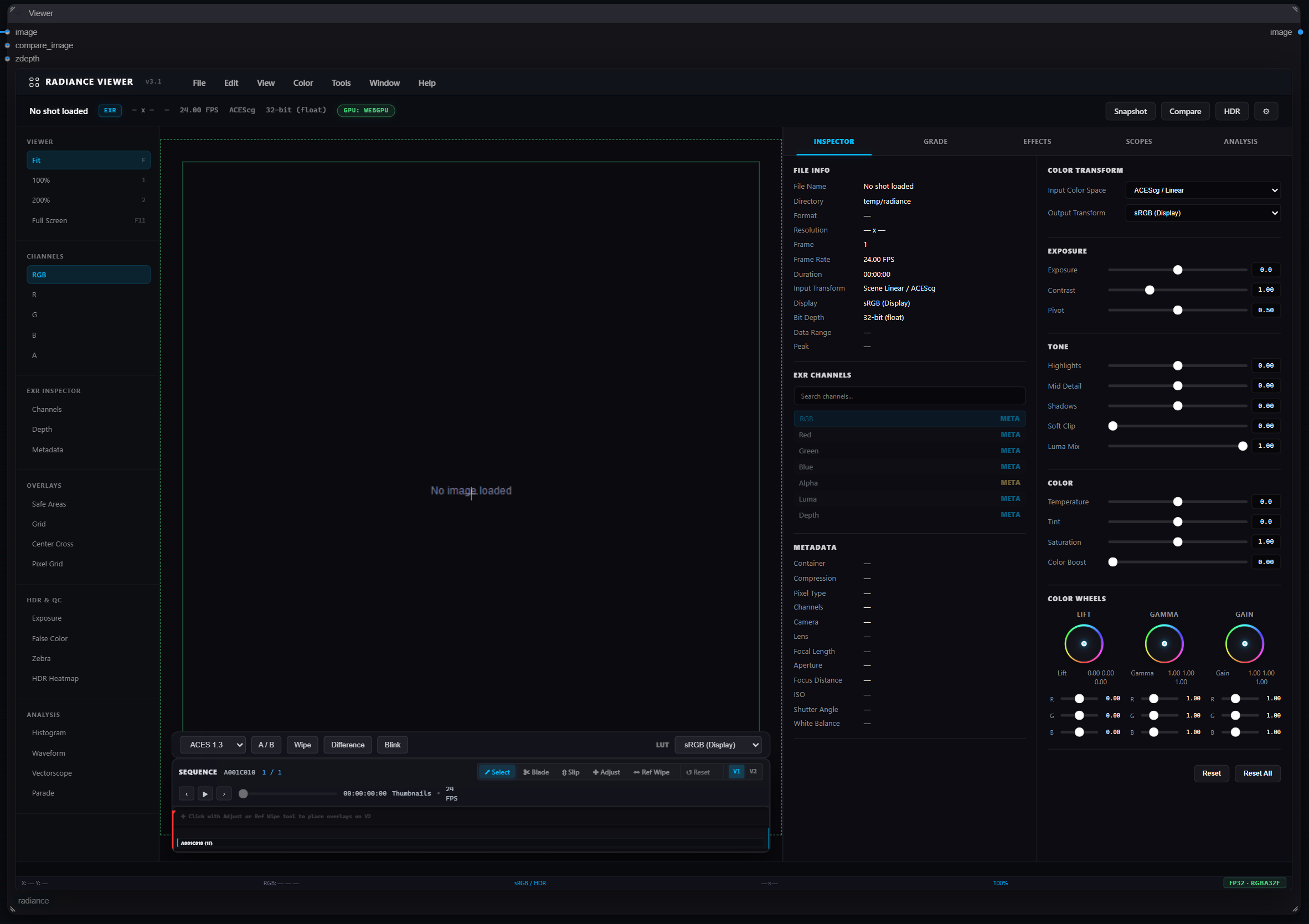 Radiance Viewer: inspector, colour transform, tone and colour wheels, scopes, sequence timeline
